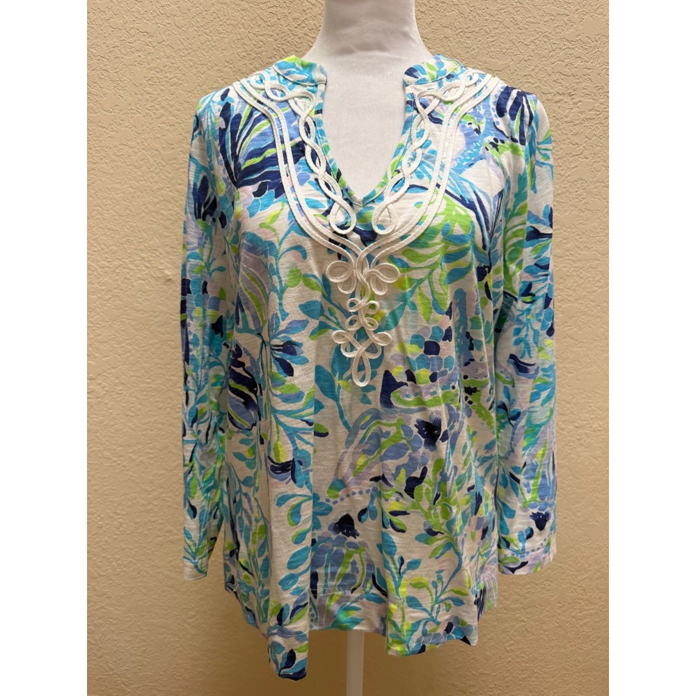 Lilly Pulitzer Blue Green Floral Soutache Split Neck Long Sleeve Top Medium